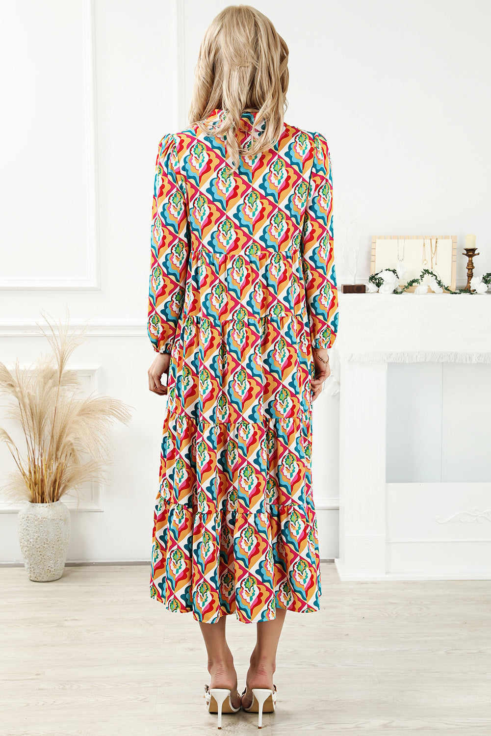 Abstract Geometric Print Long Sleeve High Waist Dress